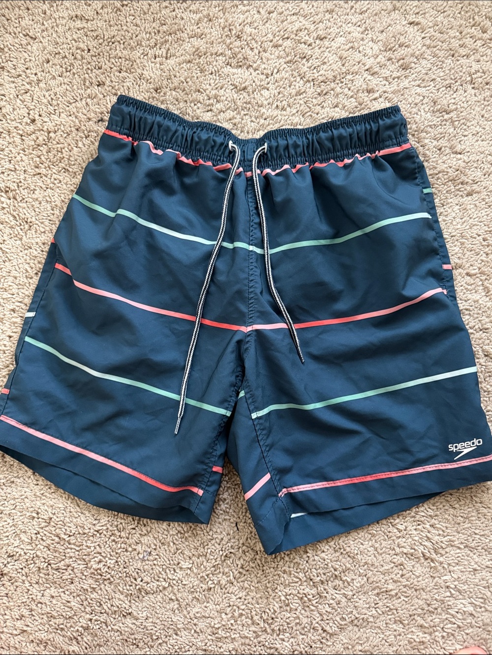 New Speedo Menβs Navy Swim Trunks with Coral and Mint Stripes Medium